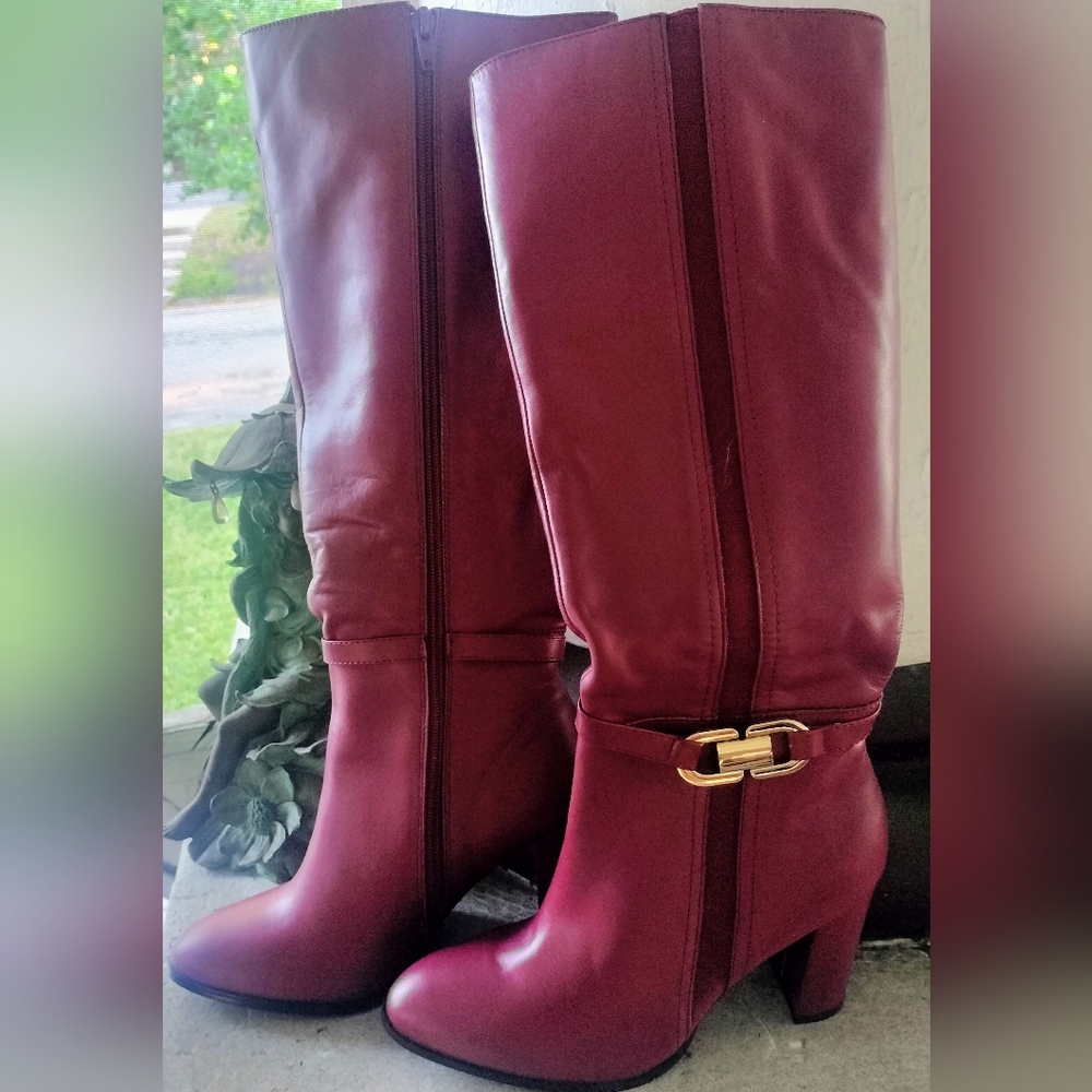 IMAN Chic Sexy Leather Cranberry Red Over the Knee High Heeled Boots 9W